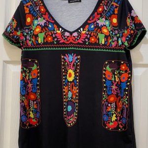 V Neck Floral Casual Mexican Blouse